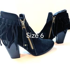 Fun black ankle boot heels with fringe